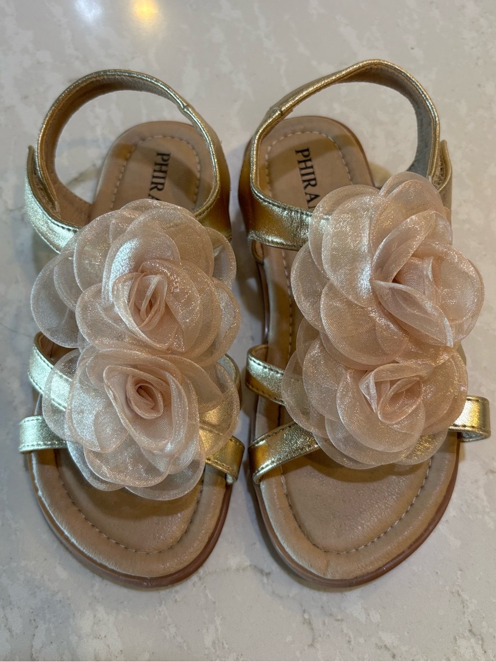PHIRAMIN Toddler Girls Gold Floral Sandals Flower Girl Wedding Dress Shoes 11